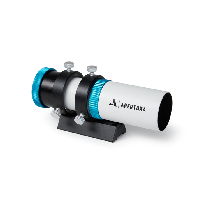Apertura 32 mm Guide Scope - Blue Accented - Used Front angled view of Apertura 32 mm Guide Scope - Blue Accented showing guide scope tube objective opening mounting rings and base