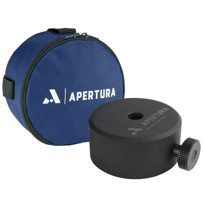 Apertura 22 lb. Counterweight For AM7 Apertura 22 lb. weight with the included case sat behind it.