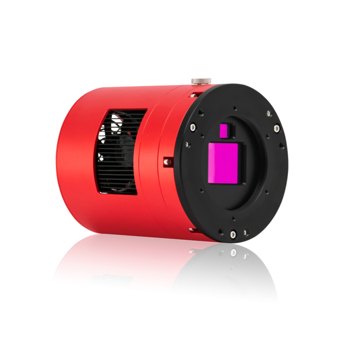 ZWO ASI2600MC-DUO Astronomy Camera with Imaging  Guiding Sensors - Refurbished Front angled view of ZWO ASI2600MC-DUO Astronomy Camera with Imaging  Guiding Sensors showing compact accessory body sensor housing and mounting details