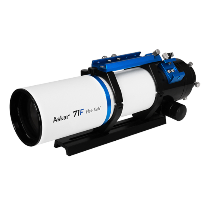 Askar 71F Flat-Field Refractor - Used Front angled view of Askar 71F Flat-Field Refractor showing refractor tube lens cell rings dovetail and focuser