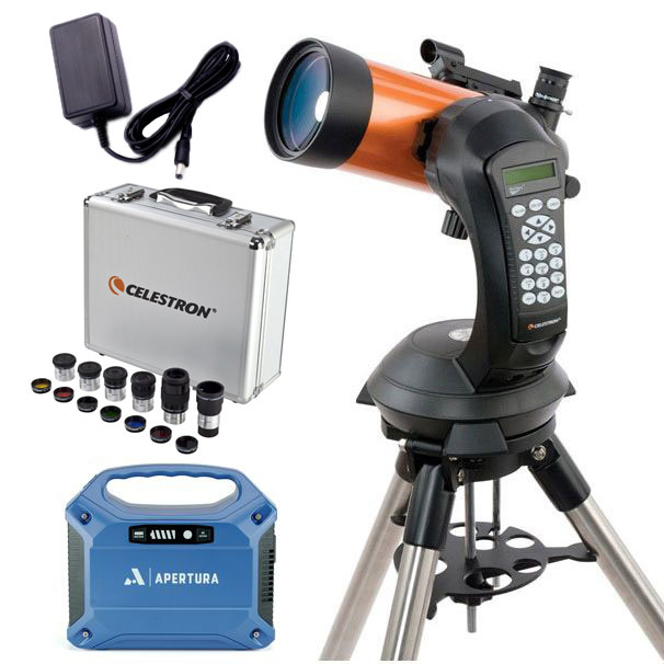 Celestron NexStar 4SE Telescope Bundle Celestron NexStar 4SE Telescope bundle with telescope next to the included ac adapter Celestron eyepiece kit and Apertura power supply