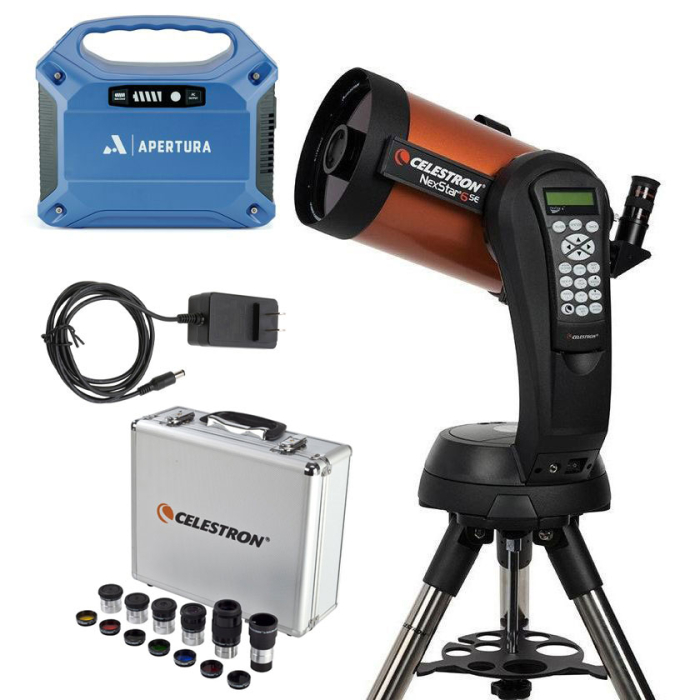 Celestron NexStar 6SE Telescope Bundle Celestron NExStar 6SE Telescope Bundle with telescope and bundle inclusions in one photo including the apertura power supply celestron eyepiece kit and an ac adapter