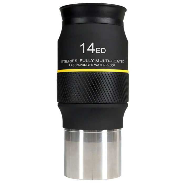 Explore Scientific 92 ED Waterproof 14 mm 2 Eyepiece Explore Scientific 2 Waterproof 14 mm 92-degree eyepiece standing upright with informational stamp centered in frame