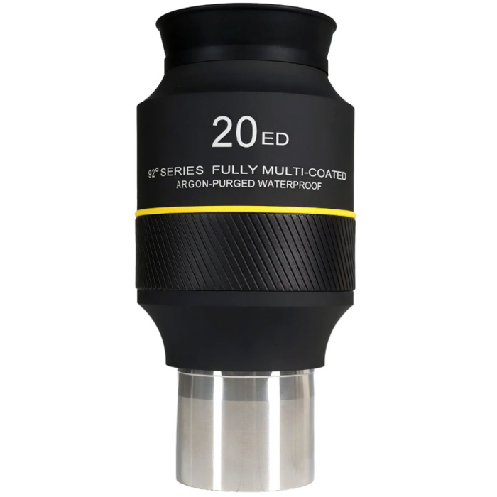 Explore Scientific 92 ED Waterproof 20 mm 2 Eyepiece Explore Scientific 2 Waterproof 20 mm 92-degree eyepiece standing upright with informational stamp centered in frame