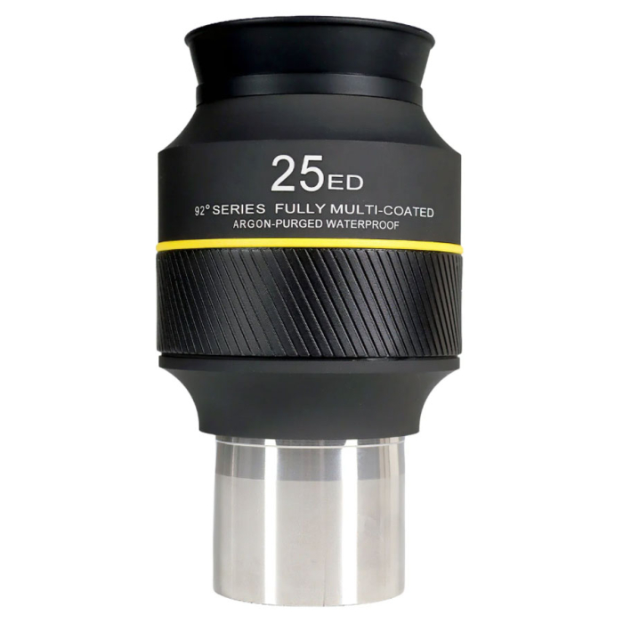 Explore Scientific 92 ED Waterproof 25 mm 2 Eyepiece Explore Scientific 2 Waterproof 25 mm 92-degree eyepiece standing upright with informational stamp centered in frame