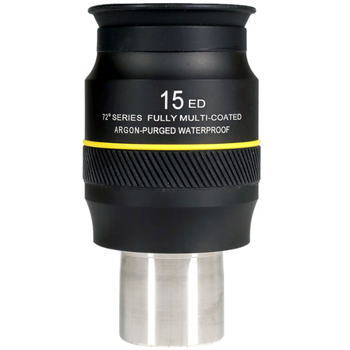 Explore Scientific 72 ED Waterproof 15 mm 1.25 Eyepiece Explore Scientific 72 ED Waterproof 15 mm 1.25 Eyepiece Upright with information stamp centered in frame