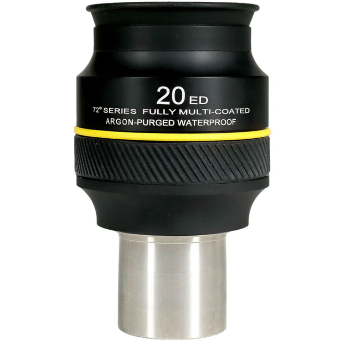 Explore Scientific 72 ED Waterproof 20 mm 1.25 Eyepiece Explore Scientific 72 ED Waterproof 20 mm 1.25 Eyepiece Upright with information stamp centered in frame