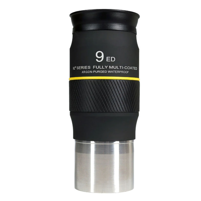 Explore Scientific 92 ED Waterproof 9 mm 2 Eyepiece Explore Scientific 2 Waterproof 9 mm 92-degree eyepiece standing upright with informational stamp centered in frame