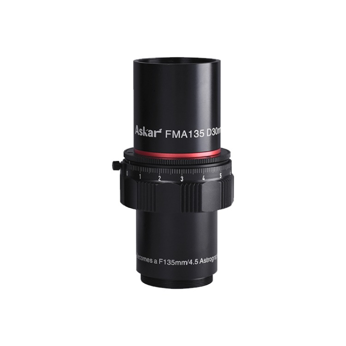 Askar 30mm Ultra Wide Field APO Refractor - Used Askar 30mm Ultra Wide Field APO Refractor shown with optical tube mounting rings focuser and visible telescope hardware