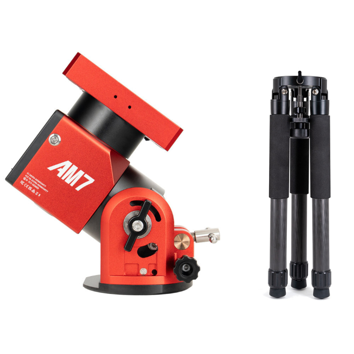 ZWO AM7 Harmonic Drive Equatorial Mount Head ZWO AM7 Mount with TC40 carbon fiber tripod next to it