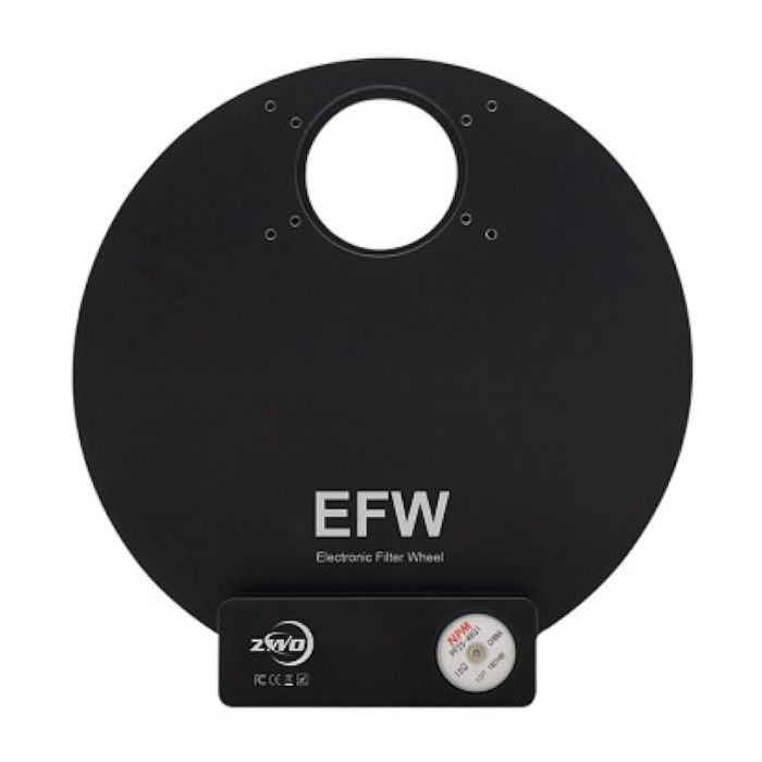 ZWO 5 Position Electronic Filter Wheel for 2 Filters ZWO 5 Position Electronic Filter Wheel for 2-inch Filters shown in a black filter ring with coated glass
