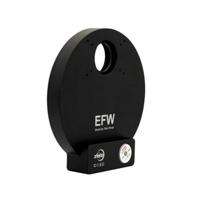 ZWO EFW II 7-position Filter Wheel for 36mm Filters - Refurbished Front angled view of ZWO EFW 7-Position Filter Wheel for 36mm Filters showing camera body sensor opening cooling vents and mounting face