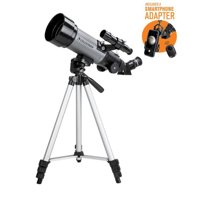Celestron Travel Scope 70 DX Portable Telescope with Smartphone Adapter Celestron 70 mm Travel Scope Refractor and Smartphone Adapter