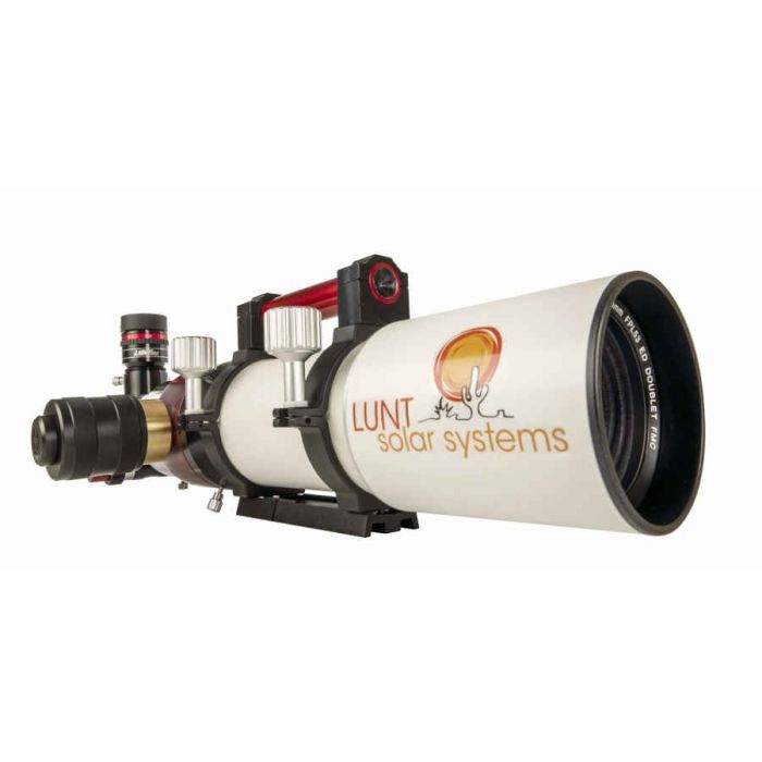 Lunt 80 mm Universal DayNightSolar Modular Telescope - Observer Package Lunt Solar Systems LS80MT Telescope Side Angle Toward Lens