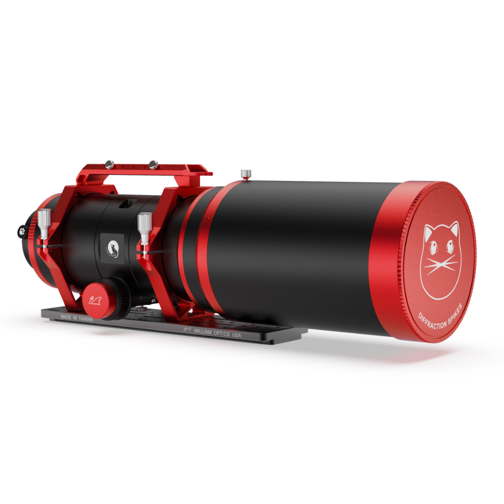 William Optics WIFD Ultra-Cat 131 APO Refractor with the cat logo on the dust cap and pointed to the right