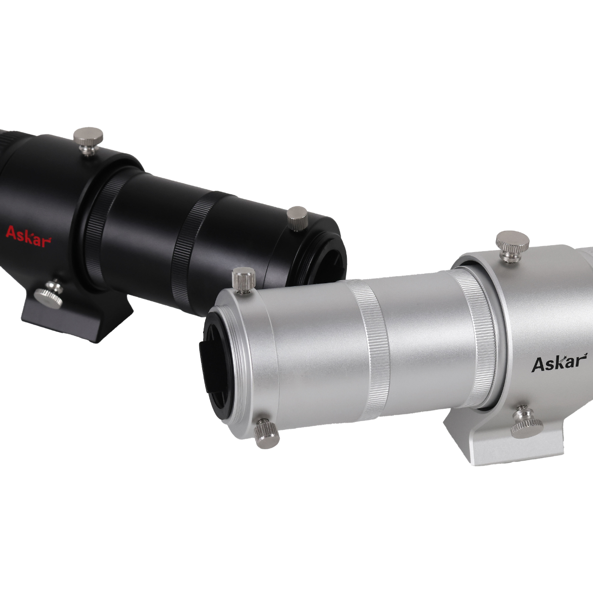 52 mm Super ED Guide Scope silver and black models back view, pointed away from each other