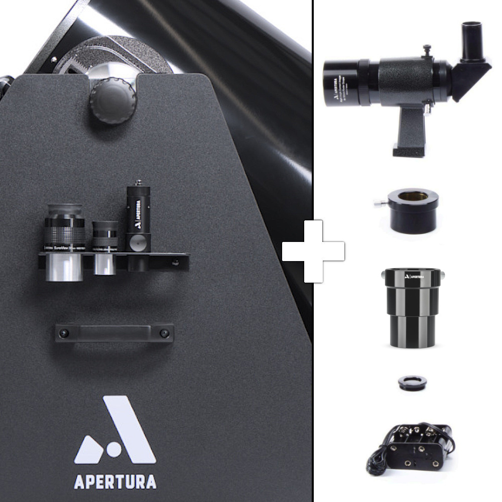 Image of the AD16 with its two
    eyepieces and laser collimator held in the eyepiece holder, along with
    graphics of the guidescope, 2 inch to 1.25 inch adapter, moon filter, and
    battery pack