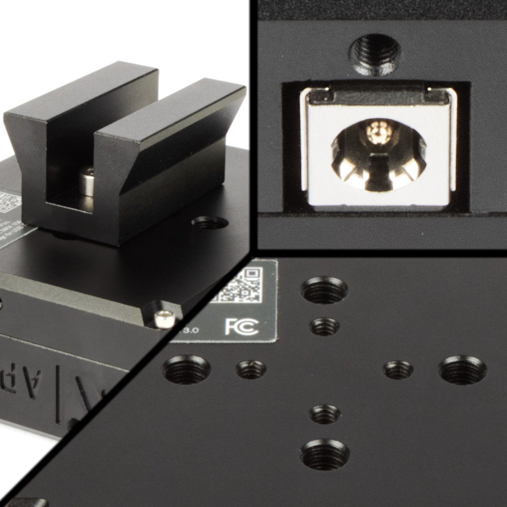Three panel graphic that shows the mounting holes, included Synta-style bracket, and 5.5x2.1 mm power input jack