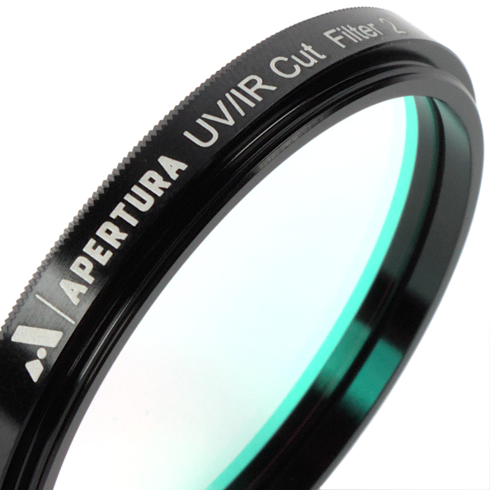 The Apertura 2 inch UV/IR astrophotography filter turned at an angle, shot close up showing off the threads.