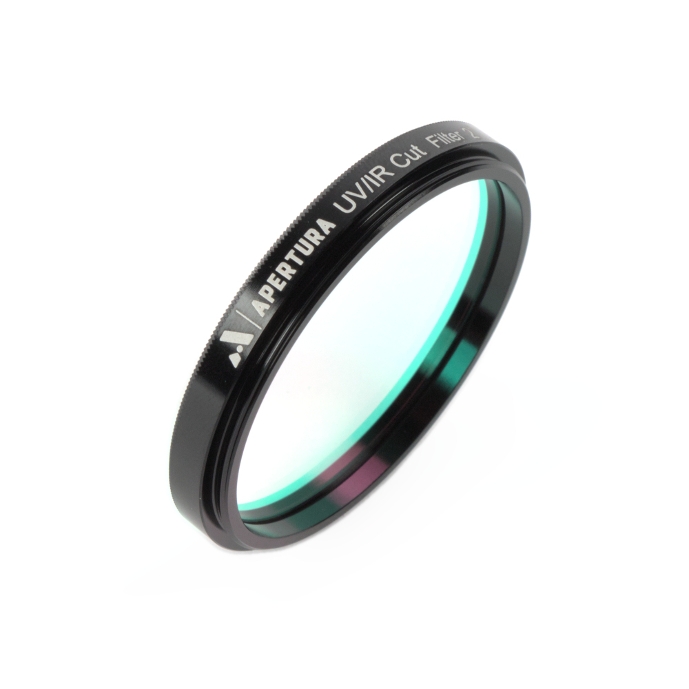 The Apertura 2 inch UV/IR astrophotography filter stood upwards and turned at an angle