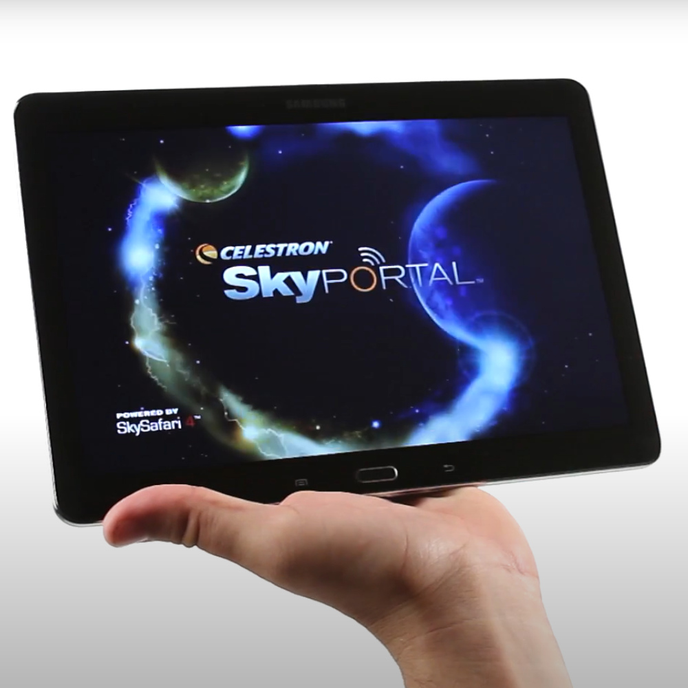 A tablet with the SkyPortal app shown on screen