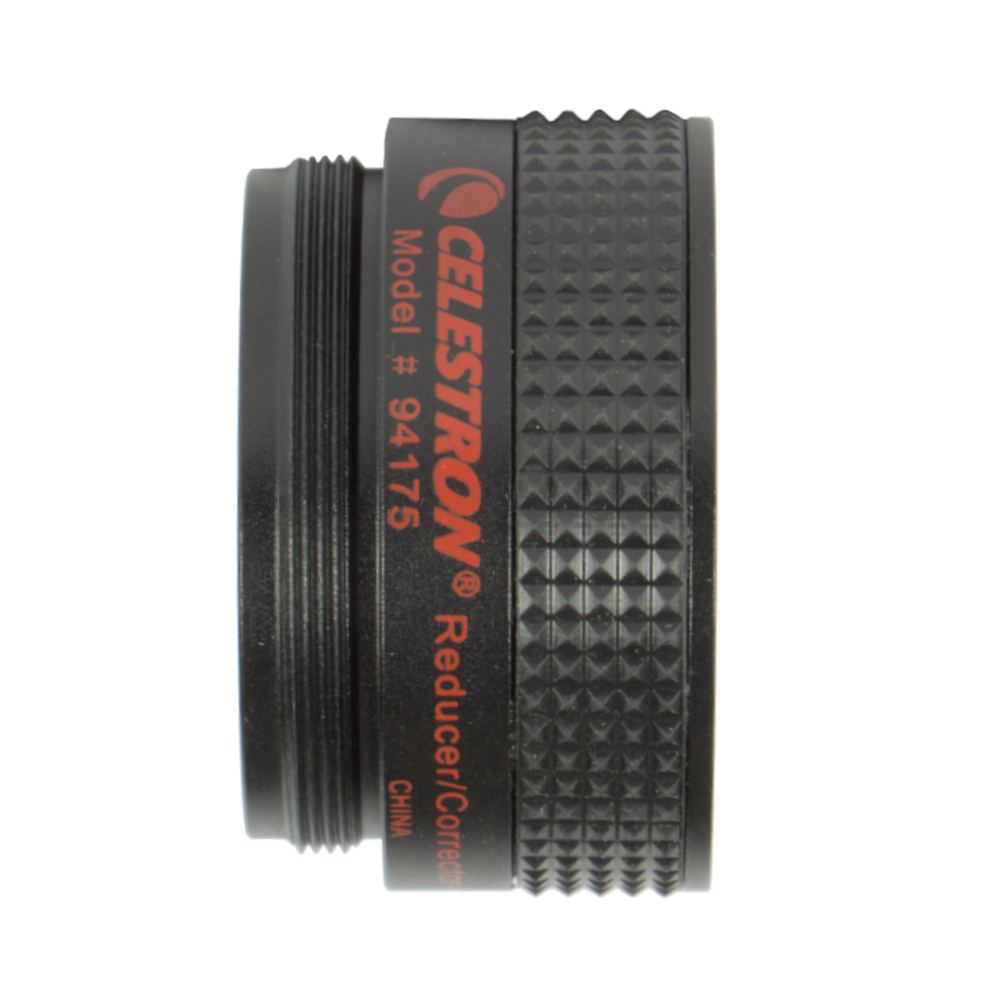 View of the Celestron f/6.3 Focal Reducer Corrector side-on, with the corrector rotated on its side and facing to the right