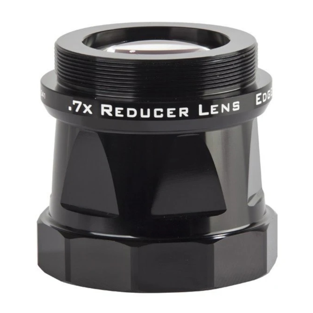 The Celestron 0.7x Reducer for the EdgeHD 1100 shown off sitting straight up and down