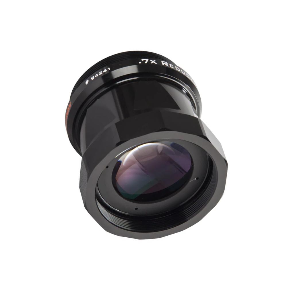 The Celestron 0.7x Reducer for the EdgeHD 1100 shown at an angle, facing away from the camera