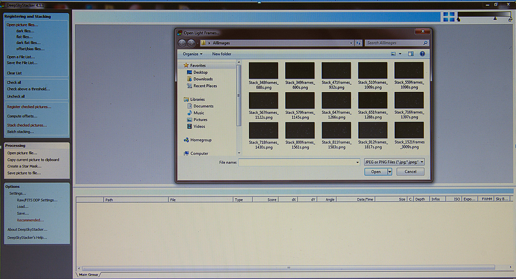 Deep Sky Stacker - Open Picture Files