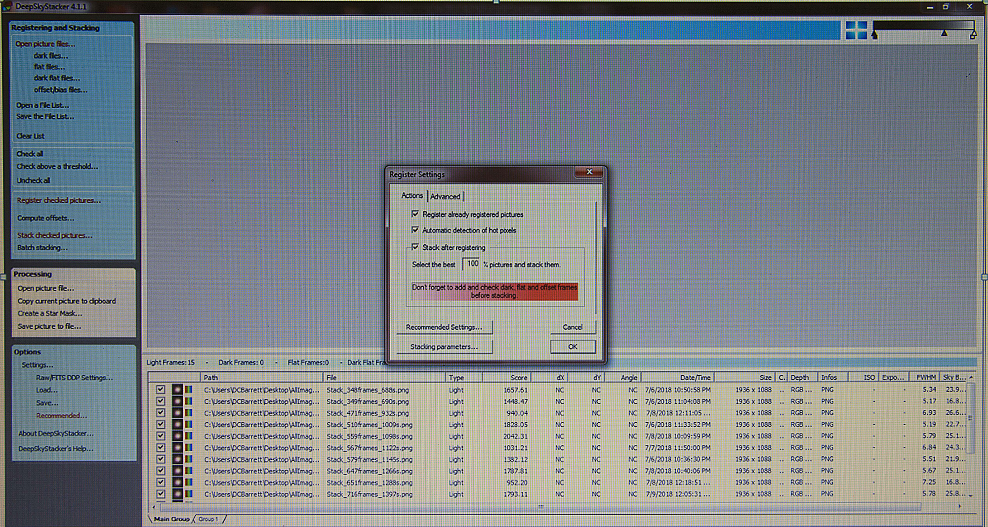 Deep Sky Stacker after checking Register Checked Pictures