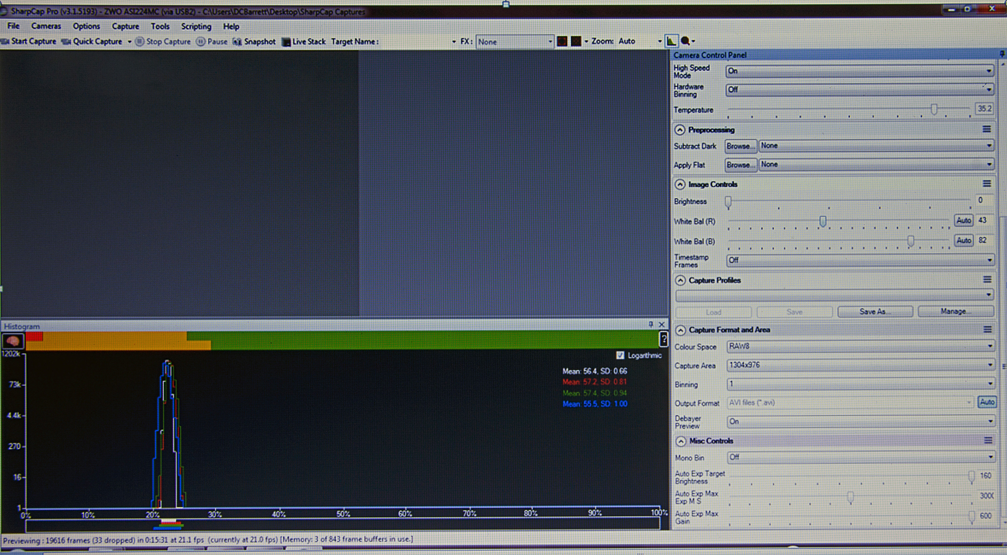 Sharp Cap Pro Histogram After Adjusting White Balance