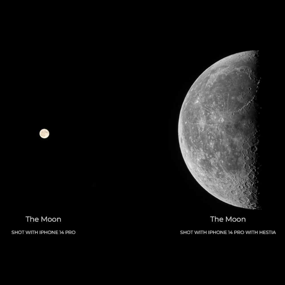 A side-by-side comparison of an image of the moon taken through a smartphone camera and one taken with that same phone connected to the Hestia. The image taken using the Hestia is notably larger and shows more detail. 