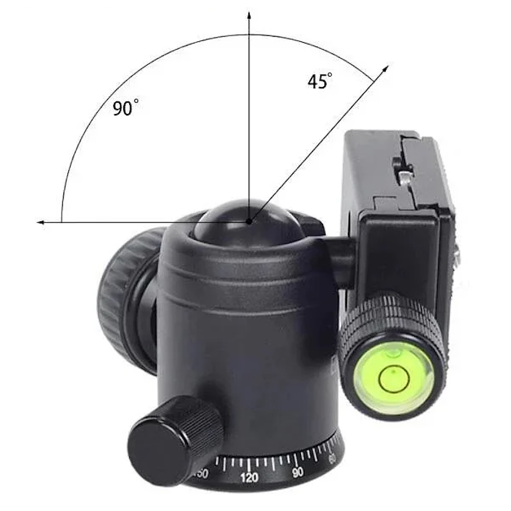 The Move Shoot Move Ball Head adjusted to 90 degrees, with a graphic showing the adjust ability
