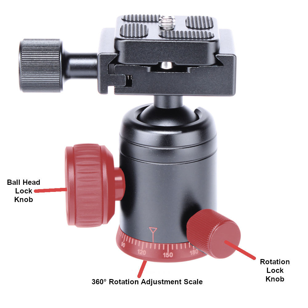 The Move Shoot Move Ball Head shown with the adjustment locking knobs and adjustment scale highlighted