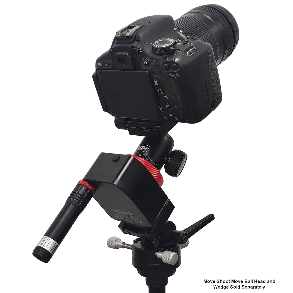 The Move Shoot Move Nomad mounted on a tripod with the separate wedge, ball head, and laser accessories attached, along with a DSLR