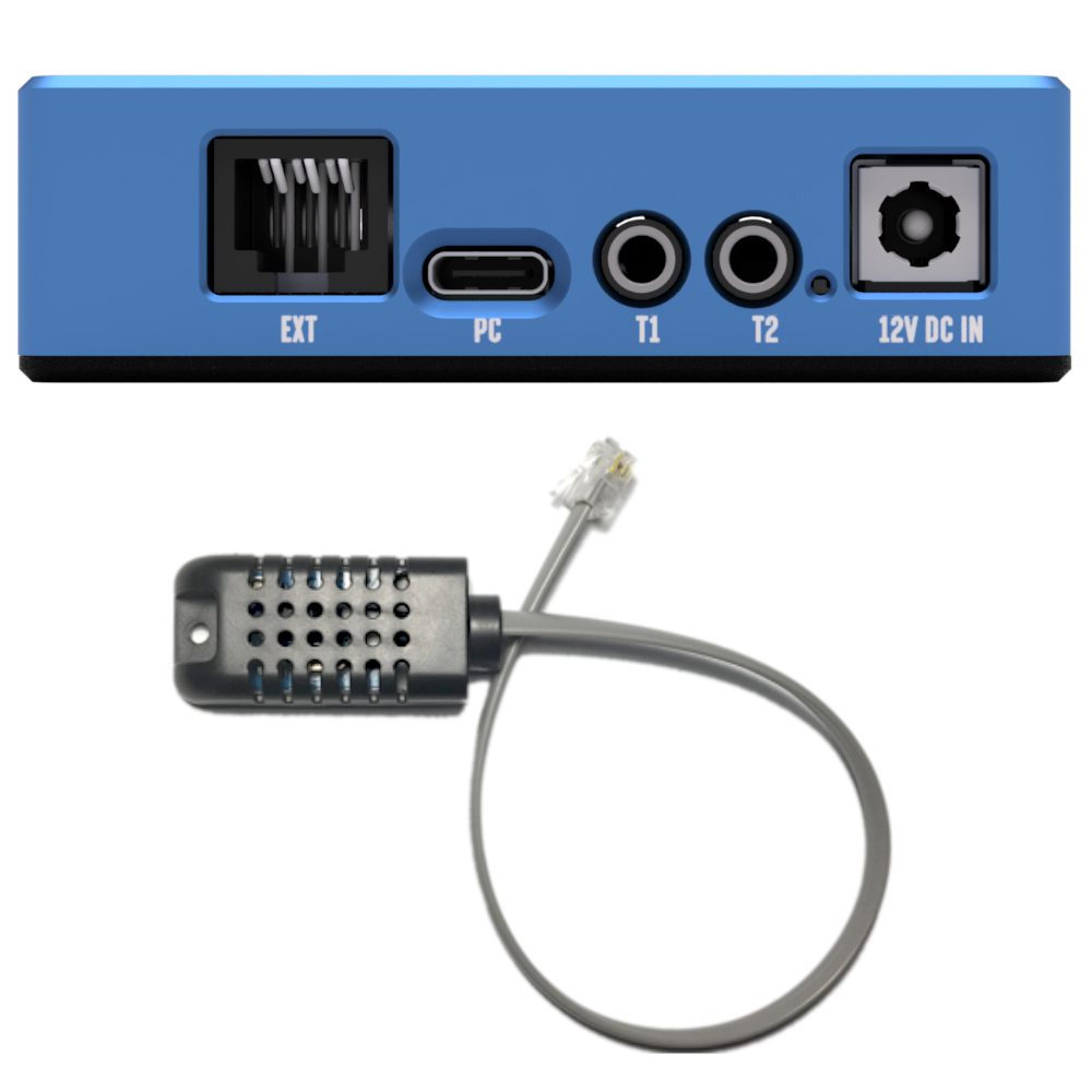 The external environmental sensor included with the DewMaster2, and a shot of the side of the device with two 3.5mm temperature probe inputs