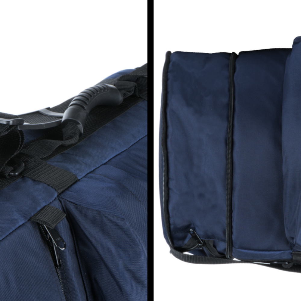 Apertura Case for 8 inch telescopes shown in two views, one close up of the handle, another a close-up of the expandable section on the back