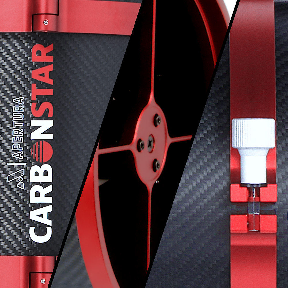 Three panel image showing the carbon fiber tube, spider vanes, and ring knob