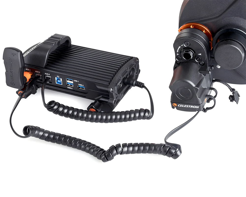 Celestron AUX Power Cable plugged into a Smart DewHeater Controller 2X and focus motor