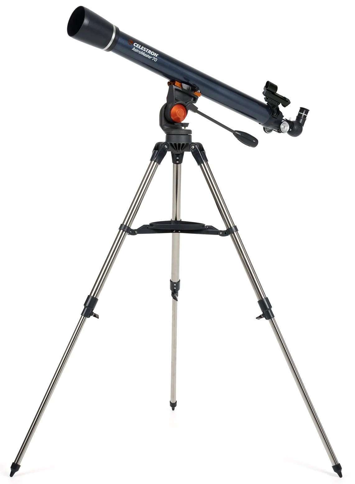 AstroMaster 70 AZ facing left on mount with tripod extended