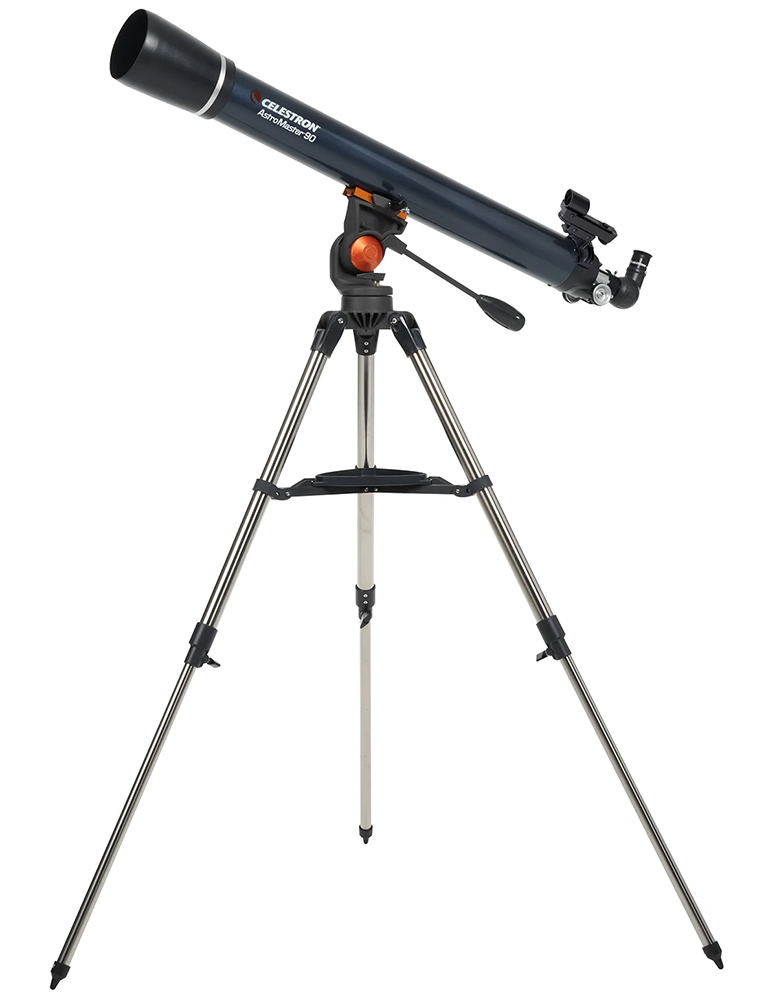 AstroMaster 90 AZ facing left on mount with tripod extended