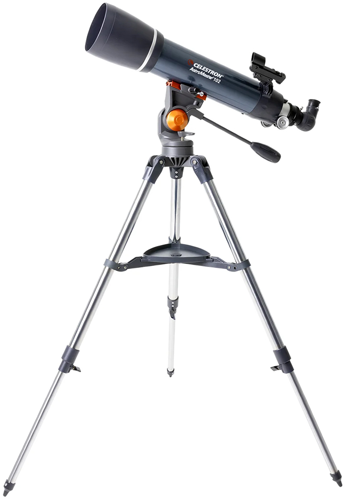 AstroMaster 102 AZ facing left on mount with tripod extended