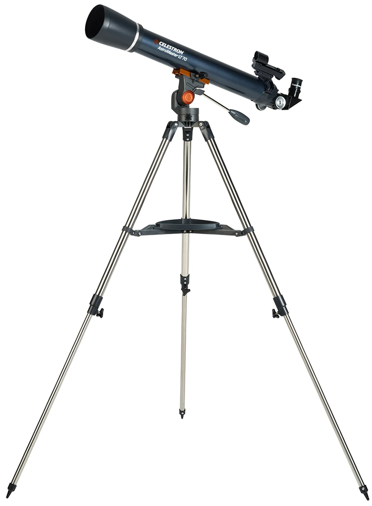 AstroMaster LT 70 AZ facing left on mount with tripod extended