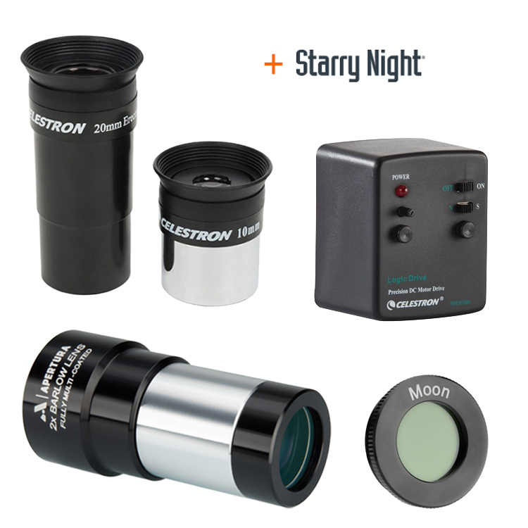 AstroMaster 114 EQ bundle accessories with text `Starry Night`