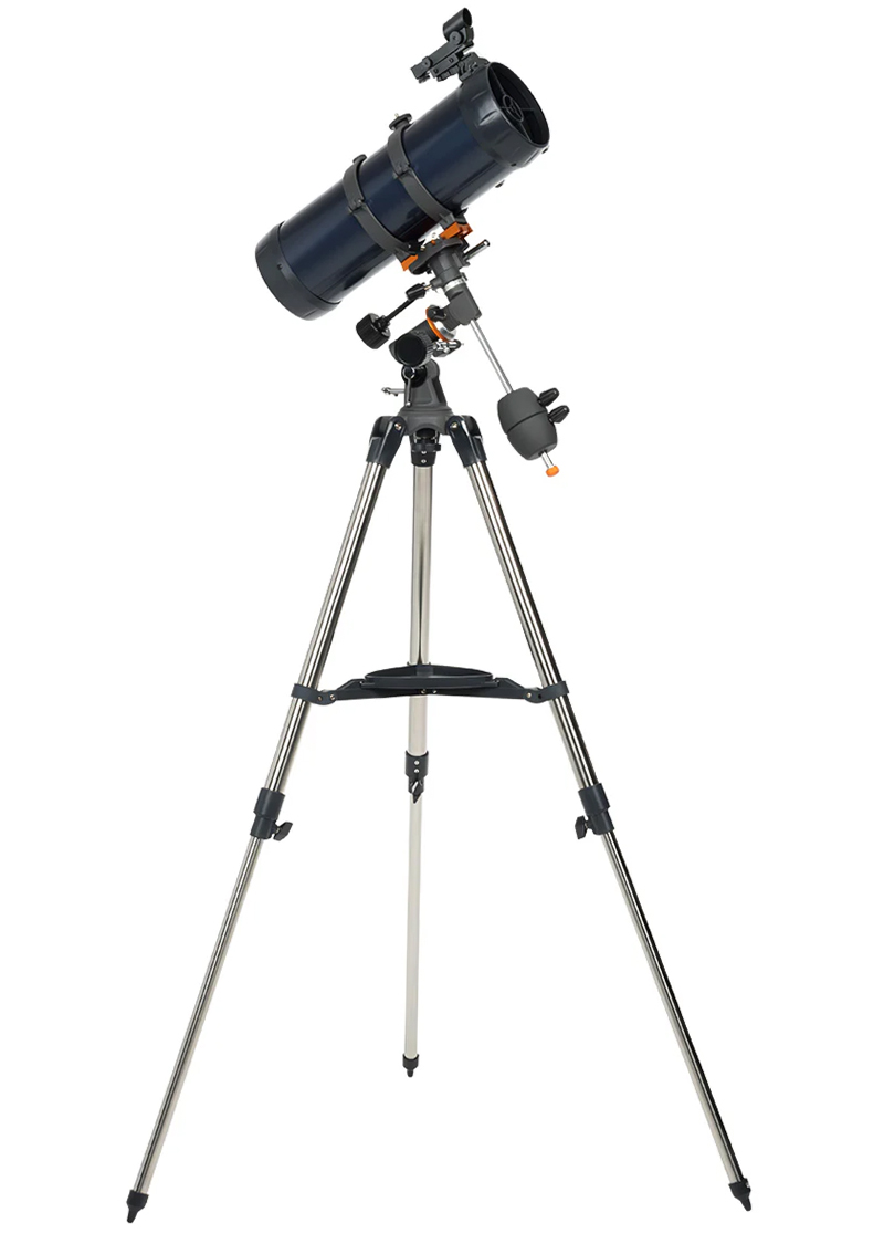 AstroMaster 114 EQ facing left on mount with tripod extended
