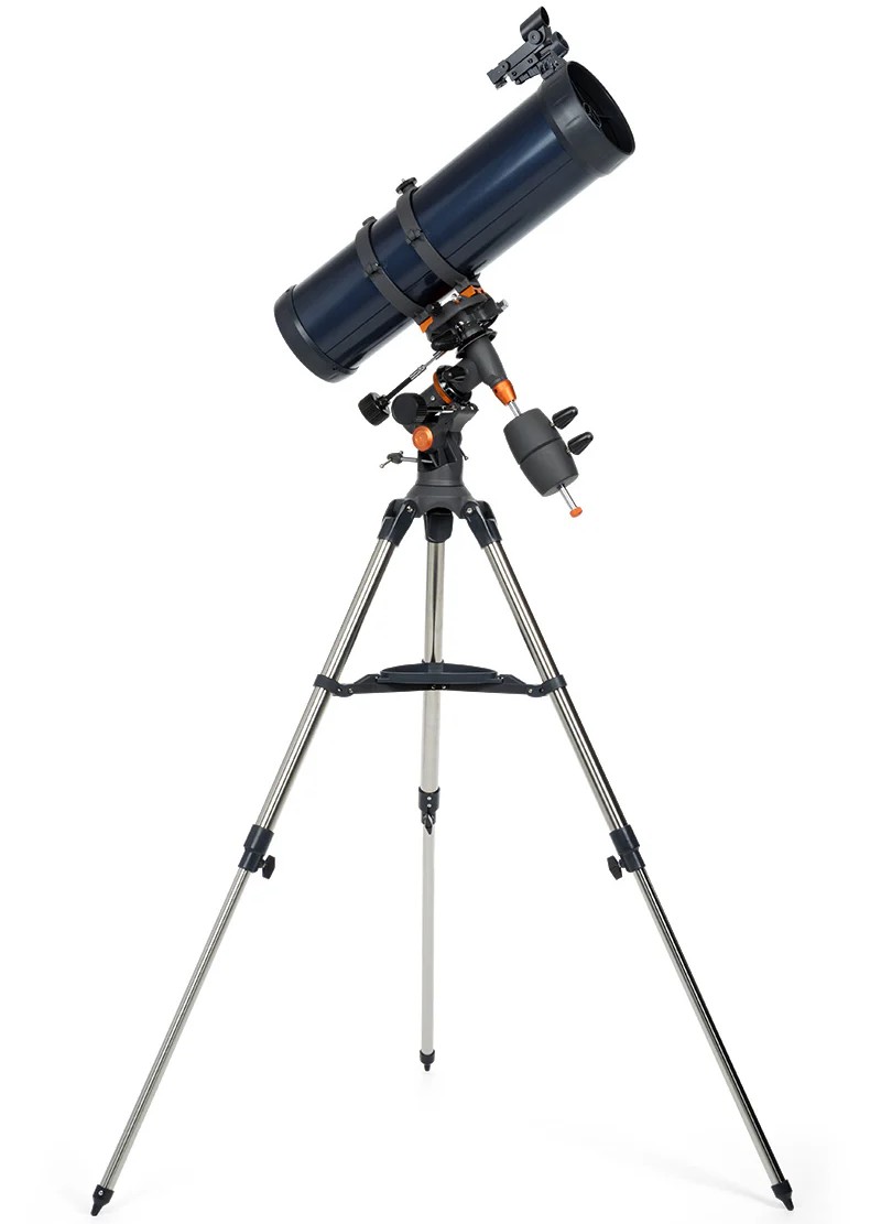AstroMaster 130EQ facing left on mount with tripod extended