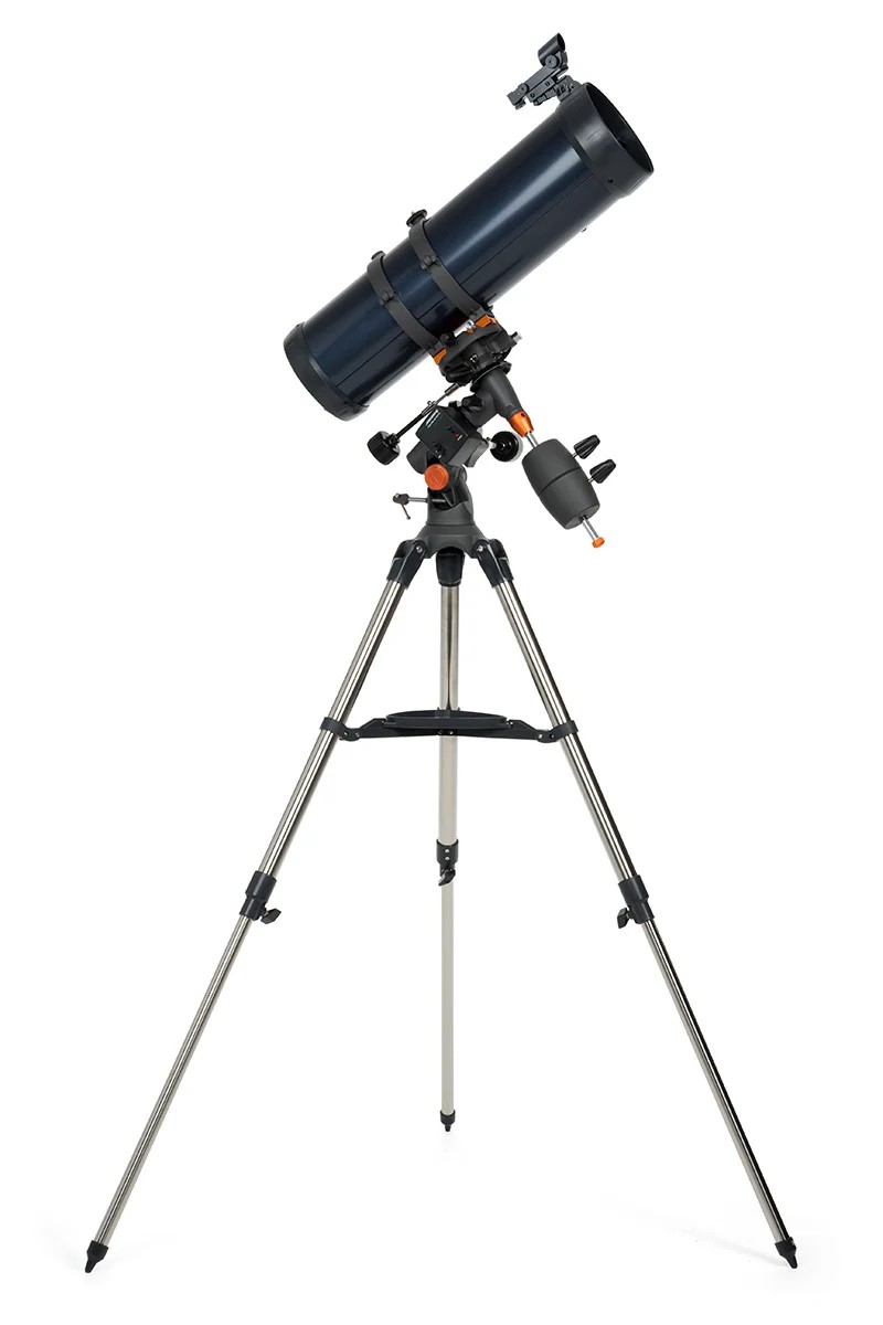 AstroMaster 130 EQ facing left on mount with tripod extended