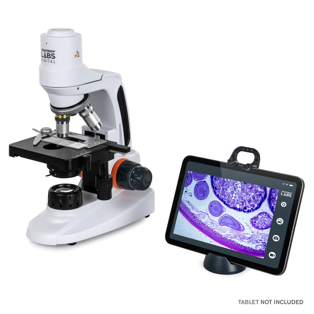 Celestron Labs Digital Wi-Fi Desktop Microscope side profile with smart device (not included) placed to the right