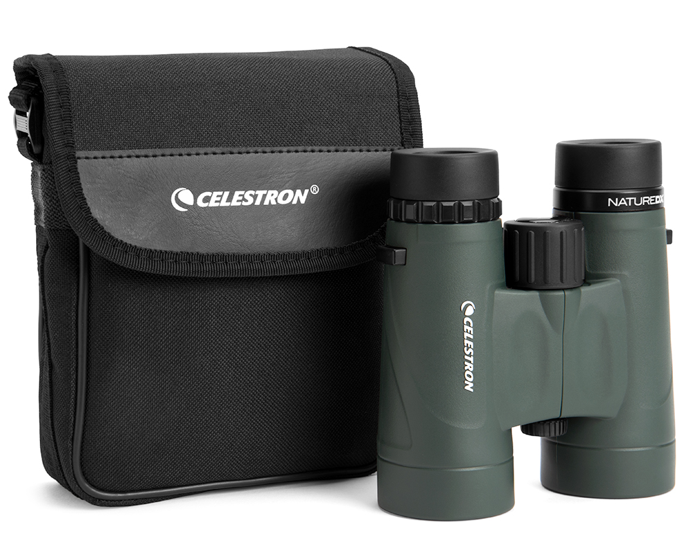 Top down view of the Nature DX Binoculars with soft pouch