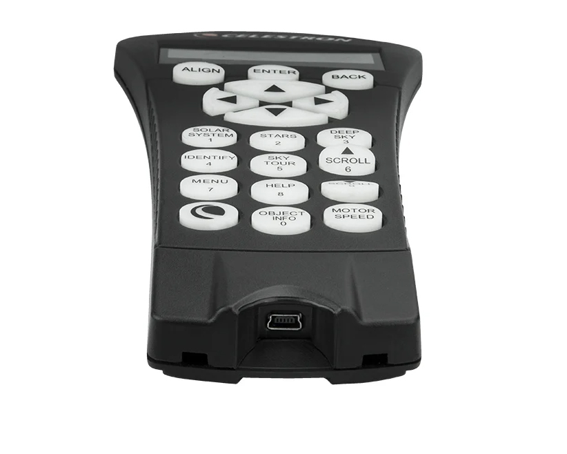 Celestron NexStar Plus Hand Controller bottom view showing mini USB port